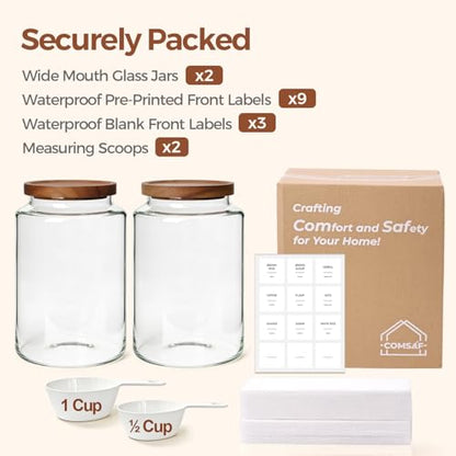 ComSaf 2Pcs (4.2Qt/1Gal) Wide-Mouth Flour Sugar Storage Containers - Include Scoops & Labels, Easy to Scoop & Airtight, Large Glass Jar for Bakers to Store Flour, Rice, and Dry Goods in Kitchen Pantry - size: 4.2Qt*2