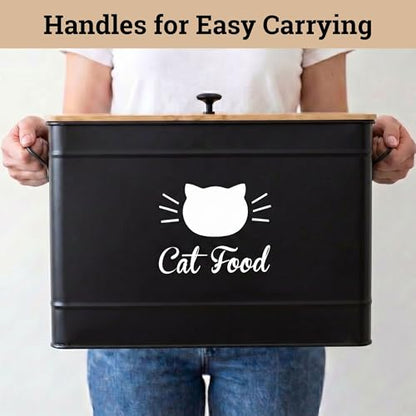 Cat Food Storage Container with Scoop - 15 lb (50 Cup) Capacity Metal Cat Food Container with Airtight Bamboo Lid & Metal Scoop - Airtight Pet Food Storage Containers - 15 lb Treats & Kibble Container - color: Black