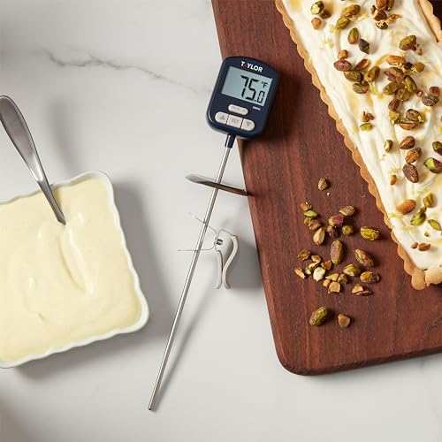 Taylor Digital Premium High Heat Resistant Candy Thermometer, Meat, Deep Fry, Brewing, and Craft Thermometer, with pan/Kettle Clip and Heat Shield, Backlit Display, and Includes 1 CR2032 Battery, Navy - color: Navy