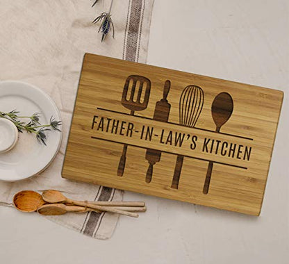 Andaz Press Large Bamboo Wood Cutting Board Gift, 17.75 x 11-inch, Father-In-Law's Kitchen, Utensils Graphic, 1-Pack, Laser Engraved Serving Chopping Board Christmas Birthday Chef Kitchen Ideas - color: Father-In-Law