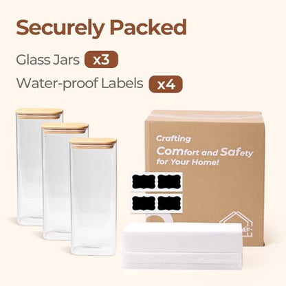 ComSaf 2.2 Qt Rectangle Glass Storage Containers with Lids, Glass Jars with Bamboo Lids, Clear Food Storage Jar, Tall Spaghetti Container, Pantry Storage Container for Pasta Flour Oats Nuts Rice - size: 2.2 Qt-3Pcs