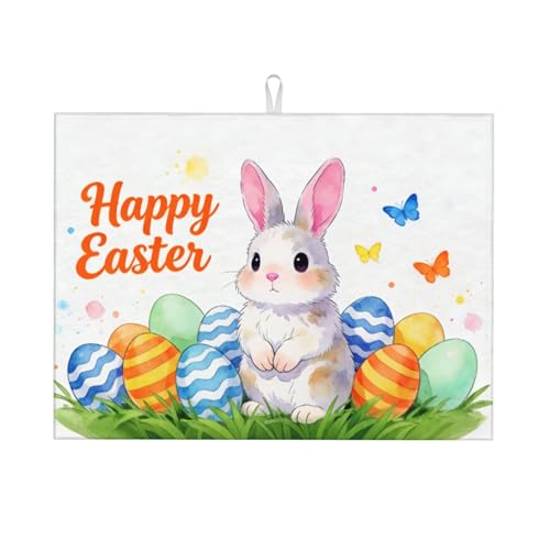 Easter Bunny Dish Drying Mat, for Kitchen Counter Microfiber Absorbent Easter Eggs Dish Draining Reusable Washable Extra Large 18"x24" - color: easter