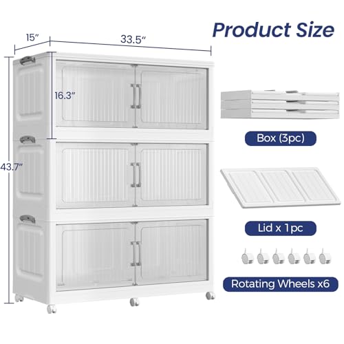 Extra Large Stackable Storage Bins with Lid, 150Gal/600QT Foldable Collapsible Storage Box with Doors, Wheels and Drawers, Plastic Closet Organizer Container for Kitchen, Bedroom, Dorm, 3Pack - size: 50Gal-3Pack