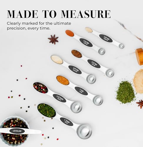 Stanless Steel Magnetic Measuring Spoons Set with Leveler - 8-Piece Heavy Duty Metal, Dual Sided, Stackable, BPA Free, Stainless Steel Measuring Spoons for Dry & Liquid Ingredient - Fits in Spice Jars - color: Black & Silver