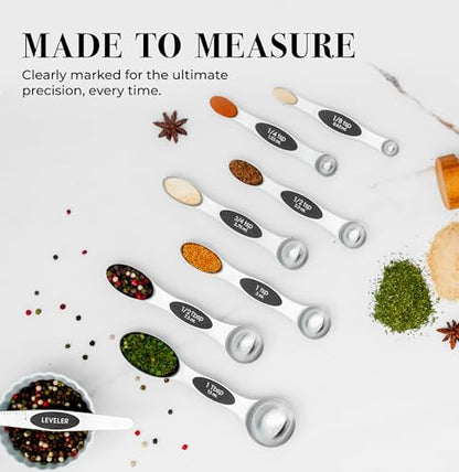 Stanless Steel Magnetic Measuring Spoons Set with Leveler - 8-Piece Heavy Duty Metal, Dual Sided, Stackable, BPA Free, Stainless Steel Measuring Spoons for Dry & Liquid Ingredient - Fits in Spice Jars - color: Black & Silver