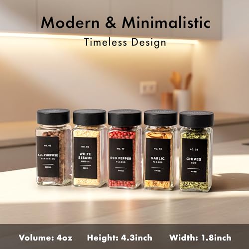 EDELHAUS® Square Spice Jars with Bamboo Wooden Lid (Pack of 24) Spice Jars with Shaker Insert and 240 Labels - Bamboo Lid Glass Container for Spice Organisation [4.3 in × 1.8 in] - color: Black Bamboo Lid