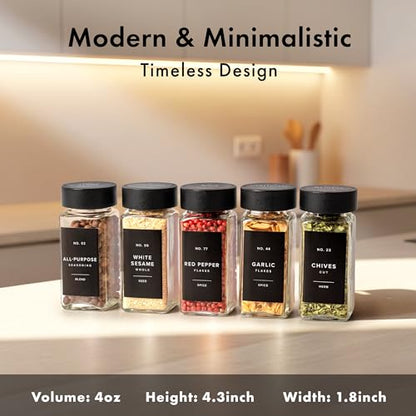 EDELHAUS® Square Spice Jars with Bamboo Wooden Lid (Pack of 24) Spice Jars with Shaker Insert and 240 Labels - Bamboo Lid Glass Container for Spice Organisation [4.3 in × 1.8 in] - color: Black Bamboo Lid