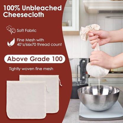 Nut Milk Bag, SANTOW Natural Cheesecloth Bag, 2 Pack 12"x12" 100% Unbleached Cotton Cloth Bag Drawstring Filter for Cheese, Yogurt, Juice, Wine, Cold Brew Coffee and Vegan Milk, Almond Milk Strainer