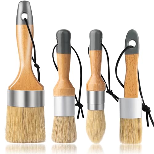 Chalk and Wax Paint Brush Furniture Set of 4, Small Round and Large Oval Brush with Natural Bristles, Perfect for Painting or Waxing Furniture, Ideal for Home Decor - size: 1 Large Oval + 3 Small Round, 4 Pack