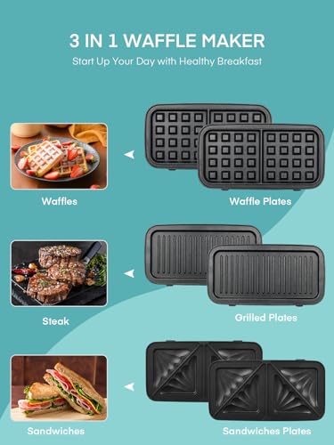 FOHERE Waffle Maker 3 in 1 Sandwich Maker 1200W Panini Press With Removable Plates and 5-gear Temperature Control, Non-stick Coating Easy to Clean,Indicator Lights, Blue - color: Light blue