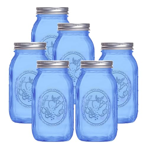 eleganttime Regular Mouth Mason Jars 32 oz,6 Pack Blue Glass Colored Canning Jars with Airtight Lids for Canning,Pickling,Storage,DIY Crafts & Décor