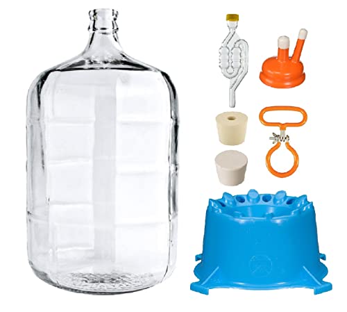 North Mountain Supply 5 Gallon Premium Italian Glass Carboy Fermenting Jug - with Drilled & Undrilled Rubber Stoppers, 6-Bubble Airlock, Carboy Dryer, Handle and Cap