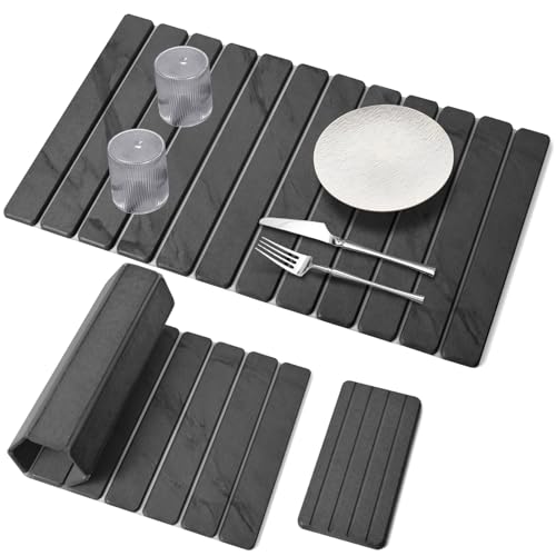 2 PCS Extra Large Stone Dish Drying Mat for Kitchen Counter, 28"×16" Marble Dish Drying Mat with 8"x 4" Coasters, Non - Slip Collapsible Absorbent Mat for Multi - Purpose, Match Any Countertop【Gray】 - color: Marble Gray, size: 28" x 16"