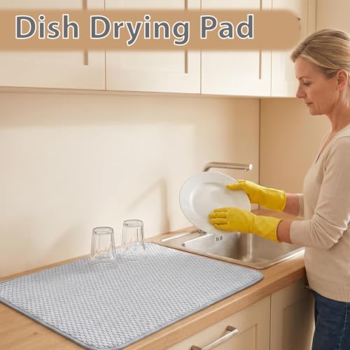 3 Pcs Extra Large Size Dish Drying Mat,Absorbent Microfiber Dishes Drainer Mats,30×24" Inch Pads for Kitchen Counter,Coffee,Rack,Under Sink,Light Gray - size: 3PCS 30×24 inch