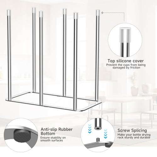 Water Bottle Drying Rack Reusable Bottle Rack Dryer Kitchen Stand Holder Metal Countertop Baby Bottle Drying Rack Water Cup Drying Rack for Plastic Bags, Bottles and Cups (Sliver, Large) - size: Large