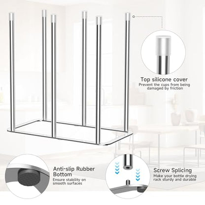 Water Bottle Drying Rack Reusable Bottle Rack Dryer Kitchen Stand Holder Metal Countertop Baby Bottle Drying Rack Water Cup Drying Rack for Plastic Bags, Bottles and Cups (Sliver, Large) - size: Large