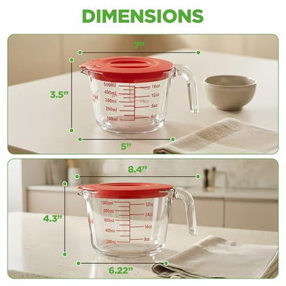 NutriChef 2 and 4 Cups Glass Measuring Cup Set with Lids (17 & 34 oz) - Heat-Resistant Borosilicate Liquid Measure Cups with Easy-Read Scale for Cooking, Baking and Food Storage, Dishwasher Safe - size: 2 pc set with lids