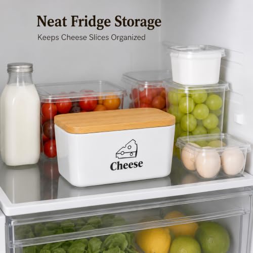 Cheese Container for Refrigerator, Ceramic Cheese Keeper with Airtight Bamboo Lid, Lunch Deli Meat Containers for Fridge,Shredded Cream Block Sliced,Grated,Cheddar Cheeses Storage Box Saver keeper