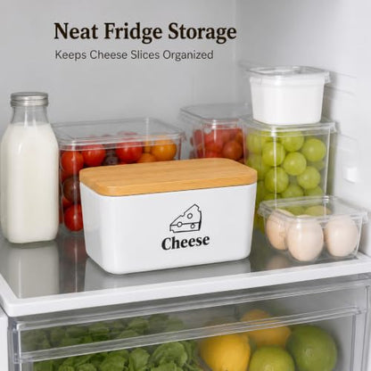 Cheese Container for Refrigerator, Ceramic Cheese Keeper with Airtight Bamboo Lid, Lunch Deli Meat Containers for Fridge,Shredded Cream Block Sliced,Grated,Cheddar Cheeses Storage Box Saver keeper