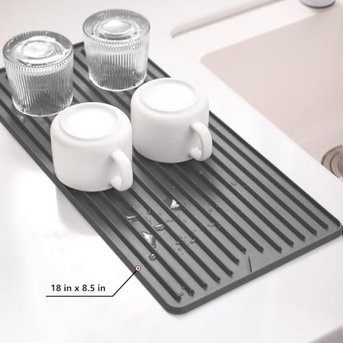 Dish Drying Mat, Elegant Drying Mat for Kitchen Counter, Multipurpose Durable Food Grade Silicone Mat, Non-slip Quick Water Releasing Drying Pad for Dish, 18 x 8.5 Inches Grey - size: 8.5" x 18"