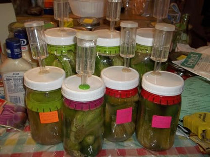 6 Pickle Pusher Small Batch Fermentation Kits. Complete with Airlock and Weight-Replacement. BPA Free. Includes extra lids. Fits Wide Mouth Mason Jars
