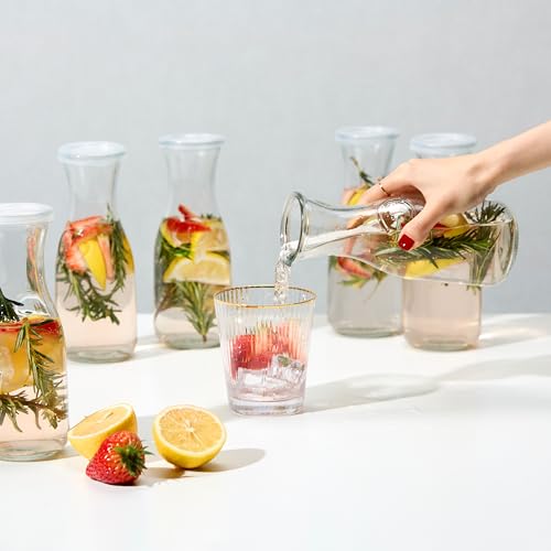 Glass Carafe Pitchers, by Kook, Mini Carafes- set of 6, Beverage Dispensers, Clear Jugs For Mimosas, Water, Wine, Milk and Juice, with Plastic Lids, Dishwasher Safe 17.3 oz - color: Set of 6, 17 oz (Mini)