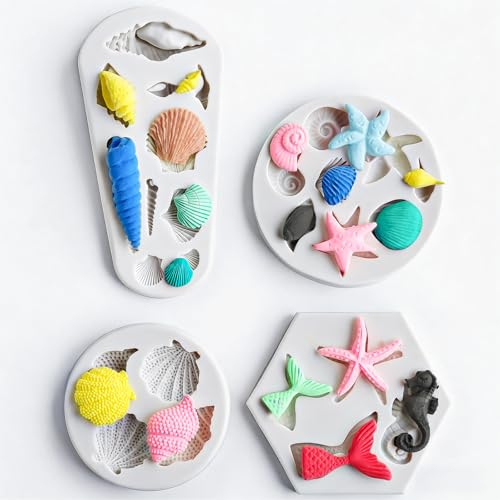 HKNMTT Marine Themed Silicone Mold for Polymer Clay Fondant, Seashell Mermaid Tail Starfish Ocean Seahorse Air Dry Clay Craft Cake Decor Wax Melt Chocolate Candy Mould DIY Cupcake Toppers BPA Free - style: Ocean - 4PCS