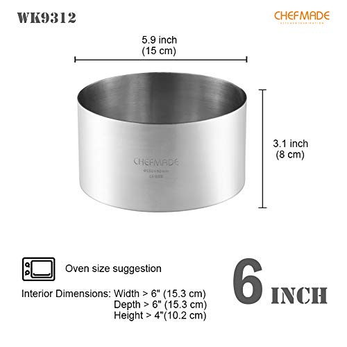 CHEFMADE Mousse Ring Mold, 6-Inch Round Non-Stick Seamless 18/8 Stainless Steel Food Molding - size: 02 - 6" Round 3" (H)