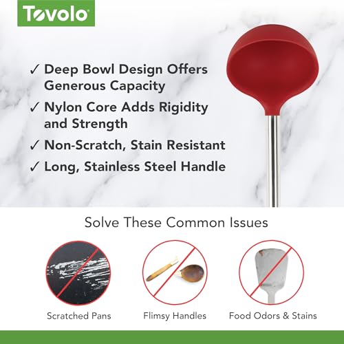 Tovolo Silicone Ladle With Stainless Steel Handle Deep Soup Ladle for Cooking Canning Serving Soup Punch Stew Sauce, Large Kitchen Utensil Spoon Dishwasher Safe BPA Free Silicone Cayenne Red - color: Cayenne