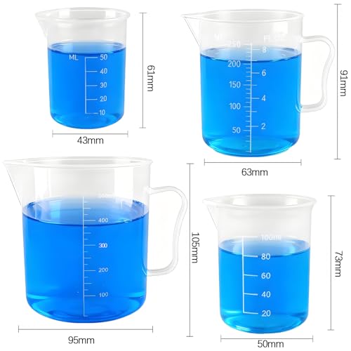TISMART Plastic Beaker 4 Pack Measuring Cup Set | 50ml, 100ml, 250ml and 500ml, For Lab, Baking, Cooking, Mixing & Measuring, Essential Kitchen Tools