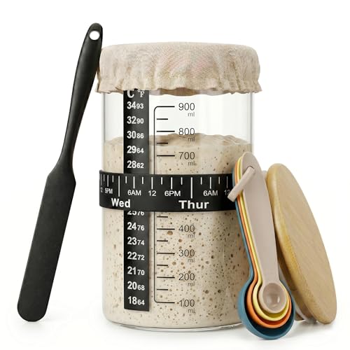 34oz Wide Mouth Sourdough Fermentation Jar, Complete Starter Kit with Feeding Band, Silicone Scraper and Dual Lids, Professional Bread Baking Supplies for Beginners & Home Bakers