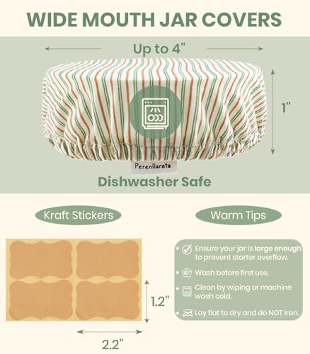Cloth Jar Covers for Sourdough 4Pack, 4 inch Wide Mouth Kombucha Fabric Lid for Weck Mason Jars, Green Striped - style: Green Striped Cotton