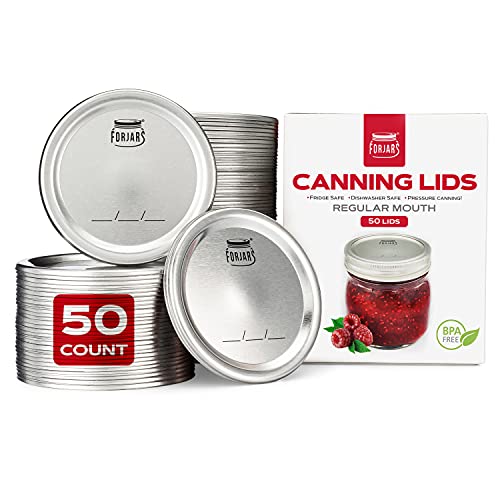 FORJARS - Canning Lids Regular Mouth, 50-Pack – Create Airtight Seals on Mason Jars to Preserve Food for Meal Prep & Food Storage – 2.7 In. Steel Lids with Silicone Seals – Canning Supplies - style: 50-Pack