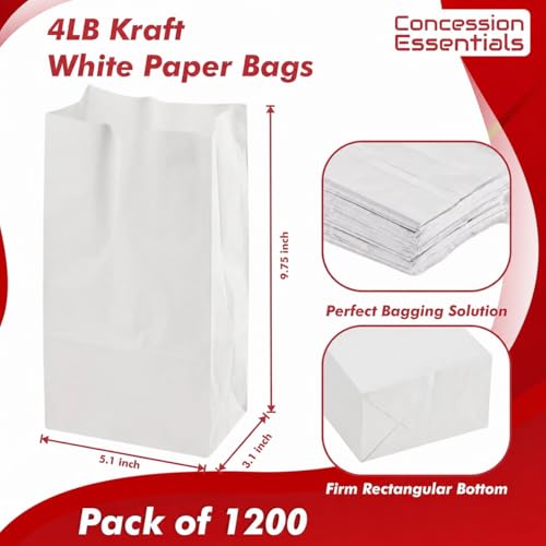 Concession Essentials- 4 lb White Paper Bags – Food Service Paper Bags for Bakery, Candy, Snacks & Takeout – Durable Kraft Paper Bags for Food Packaging – Case of 1,200 - size: Pack of 1,200 Count