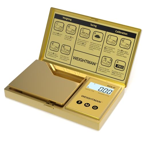 WEIGHTMAN Digital Scale Gram, 200g/0.01g Pocket Scale Gold Titanium Plating, LCD Backlit Display, Mini Jewelry Scale with 6 Units, Auto Off, Tare Function for Food, Coins, Battery Included - color: Gold