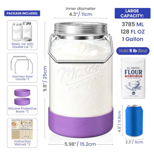 1 Gallon Glass Jars with Lids, 2 Pack Wide Mouth Mason Jars with Stainless Steel Lid & Food-Contact Silicone Inner Seal, Airtight Pantry Containers for Flour, Sugar, Sourdough Starter & Kombucha