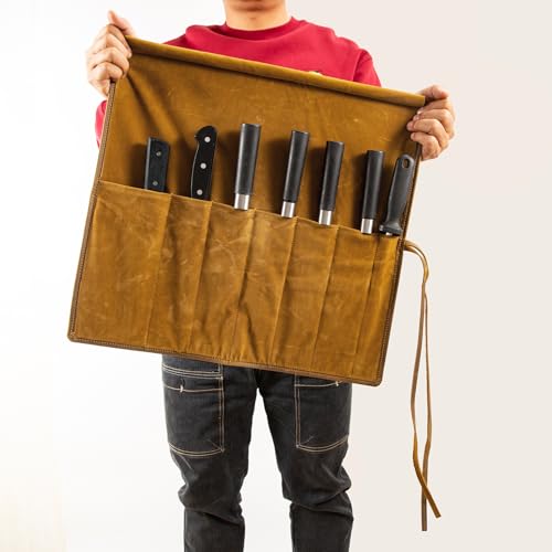 Genuine Leather Knife Roll, Knife Bags for Chefs Professional, Small Chef'S Knife Case Holder, Knives Holders Protectors with 7 Slots, Portable Chef Knife Roll Chef Knife Bag - color: 7 Slots Reddish brown