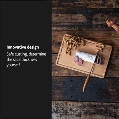 BOSKA Cheese Cutter Lumberjack Amigo - Serving Board with Cheese Knife - Beechwood and Stainless Steel - for Cheese and Sausage - Safe Cutting - with Crumb Catcher - 9 Inches