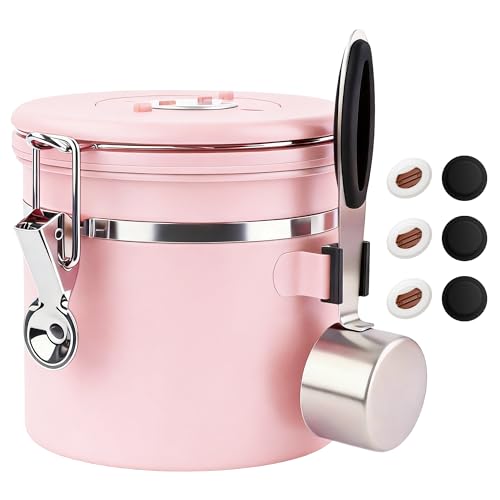 ShanSon Coffee Canister Airtight, Stainless Steel Bean Storage Container with Date Tracker & Scoop, Grounds Sugar Flour Tea Cereal Fits Kitchen Pantry, Ideal Gift for Coffee Lovers,12oz, Pink - color: Pink-Upgraded Version, size: 12oz