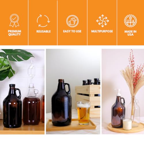 FastRack 1/2 Gallon Amber Growlers (Case of 6), 64oz, Brown with 6 Polyseal Caps - size: 6 Pack