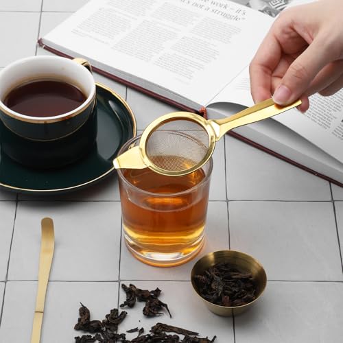 3 Pcs Matcha Strainer Set, 2.2 Inch 30 Mesh Matcha Sieve with Wooden Scoop & Bowl, Stainless Steel Mini Sifter for Loose Tea, Coffee and Cocktail, Gold & Wood Color