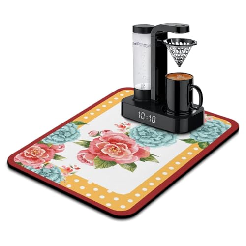 Washable Non-Slip Pioneer Flower Dish Drying Mats,Super Absorbent Quick Drying Mat For Kitchen Counter Home Large Coffee Bar Pad Accessories And Decor 18''x24'' (Light Blue Pink Flower, 18*24) - color: Light Blue Pink Flower, size: 24" x 24"