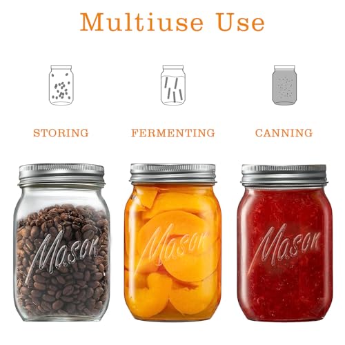 Classic 16 Oz Mason Jars, 6 Pack Canning Jars, Regular Mouth, Airtight & Leak Proof, Dishwasher Safe, Microwave & Freezer Safe, 3.2 x 4.5 x 5.5 inches