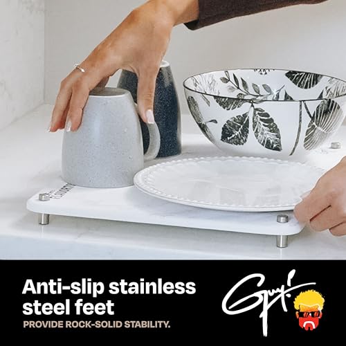 Guy Fieri’s Flavortown Stone Dish Drying Mat 16"x12" with Anti-Slip Stainless Steel Feet, Kitchen Counter Mat, Durable Stone Drying Rack for Dishes and Glassware, White Marble - color: White Marble