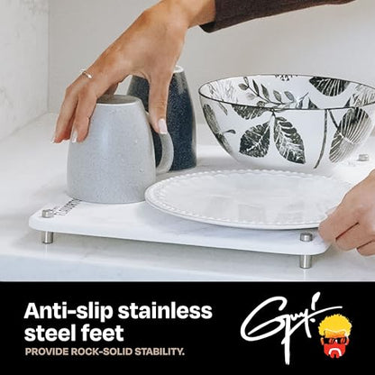 Guy Fieri’s Flavortown Stone Dish Drying Mat 16"x12" with Anti-Slip Stainless Steel Feet, Kitchen Counter Mat, Durable Stone Drying Rack for Dishes and Glassware, White Marble - color: White Marble