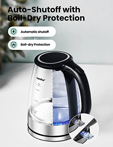 COMFEE' Glass Electric Tea Kettle & Hot Water Kettle Electric, 1.7L Electric Kettle with LED Indicator, 1500W Fast Boil, Auto Shut-Off and Boil-Dry Protection - color: glass and stainless steel, size: 1.8 Quarts