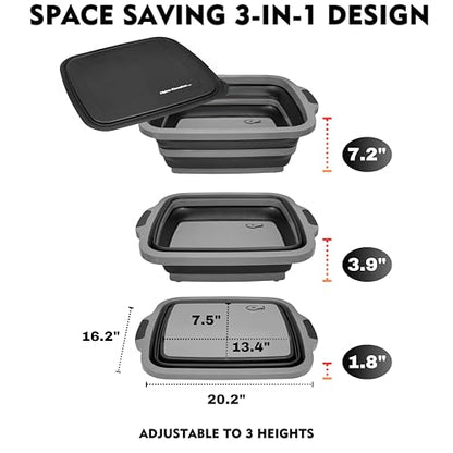 Collapsible X-Large (16L) BBQ Marinating Tub w/ Cutting Board | Multipurpose Food-Grade TPE Prep Tub w/ Lid | Built-In Colander & Drain Plug - For Camping | Tailgate | Picnic - Slate Black - size: X-Large
