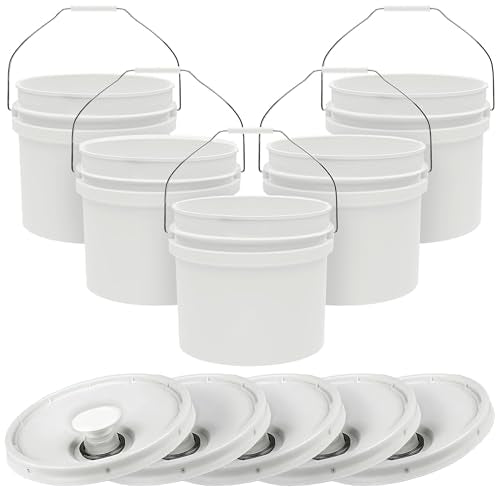 3.5-Gallon White Bucket Pail with Spout Lid, Metal Handles with Plastic Grip for Easy Carrying, Easy Stack and Store, Heavy-Duty Extra Durable, Food Grade, BPA Free - 5 Pack - color: 5 Pack, size: 3.5 Gallon