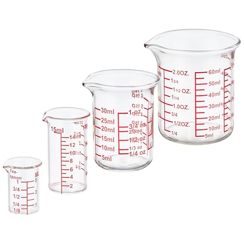 Ackers 4-Piece Glass Measuring Cup Set, Borosilicate Beaker Style Nesting Liquid Measuring Cups - size: 5ML/15ML/30ML/60ML Measuring Cup Set