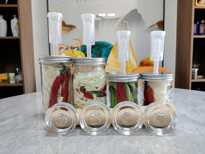 Complete Mason Jar Fermentation Kit - Sauerkraut Pounder + 4pc Glass Weights + 4pc water airlocks Easy Wide Mouth Jars Vegetable Fermenting Set -Suitable for 86MM mason jar (Jars Not Included)